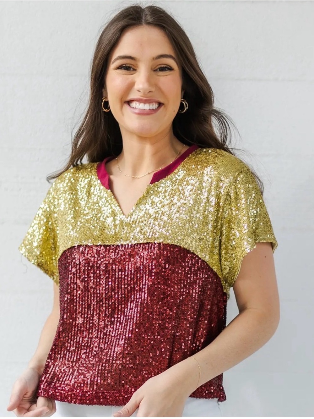 Gold and Burgundy Sequin V-Neck Short Sleeve Top
